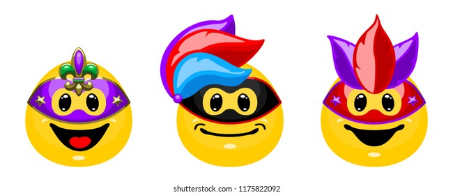 Vector set of emotions in carnival masks. Collection of smiles in cartoon style isolated on white background