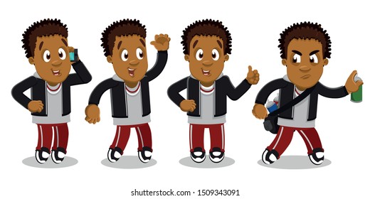 Vector set with emotions and gestures of afro-american curly guy, student in hoody and sweatpants. African teen standing, speaking by smartphone, waving hand, showing thumb up, drawing graffiti.