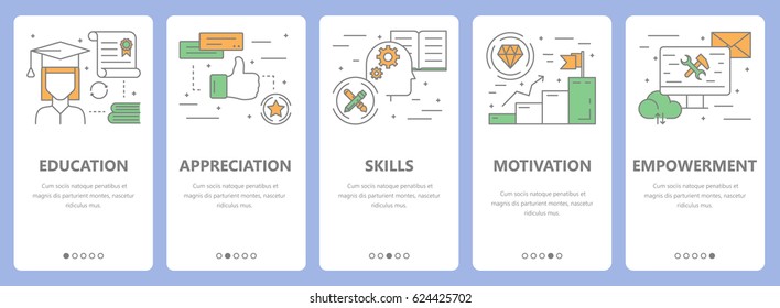 Vector Set Of Employee Concept Vertical Banners. Education, Appreciation, Skills, Motivation And Empowerment Concept Elements. Thin Line Flat Design Symbols, Icons For Website Menu, Print.