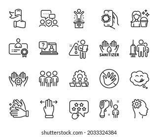 Vector Set Of Employee Hand, Yummy Smile And Multitasking Gesture Line Icons Set. Ranking Star, Group And Winner Podium Icons. Engineering, Cleaning And Covid App Signs. Vector