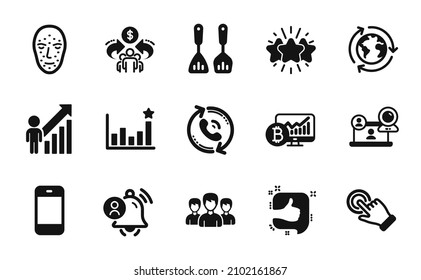 Vector set of Employee result, Video conference and Touchscreen gesture icons simple set. Star, Outsourcing and Face biometrics icons. Group, Call center and Like signs. Vector