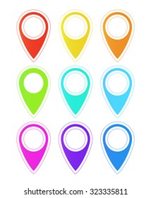 Vector set of empty brightly colored with white stroke tags to indicate on the map