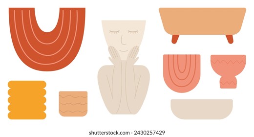 Vector set of empty ceramic pots. Flat style pots for plants set