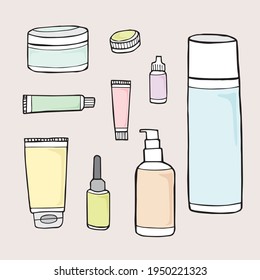 Vector set of empty and clean containers: bottles with spray, dispenser and dropper, cream jar, tube. For cosmetic package.