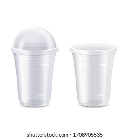 Vector Set Of Empty Clear Disposable Plastic Cup,realistic 3d. Transparent Container For Juice Fresh, Milkshake And Lemonade. Vector Illustration Isolated On White Background, Mock Up Template