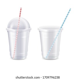 Vector set of empty clear disposable plastic cup with straw ,realistic 3d. Transparent container for juice fresh, milkshake . Vector Illustration isolated on white background, Mock Up template