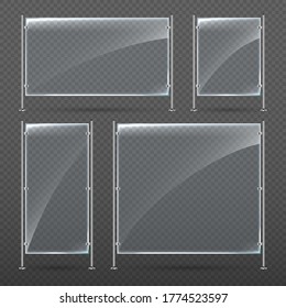 Vector set of empty glass banner stand on metal racks. Blank advertising template mockup. Empty exhibition vertical stand banner