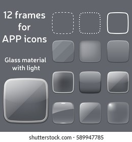 vector set of empty glass frames for app icons. template of square app icon made in transparent glass material design style. empty blank of icon frame
