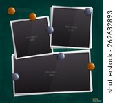 Vector set of empty photo frames and magnets on chalkboard, blackboard.