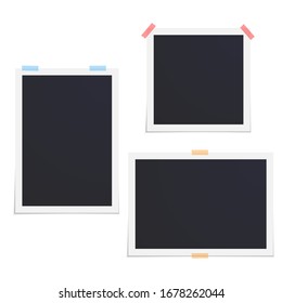 Vector set empty photo frames with tape isolated on white background. Vertical horizontal and square shaped cards