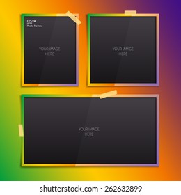 Vector set of empty photo frames with stickers on colorful background.