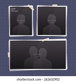 Vector set of empty photo frames with stickers on geometric pattern.