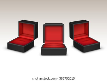 Vector Set of Empty Red and Black Velvet Opened gift jewelry boxes Close up Isolated on White Background