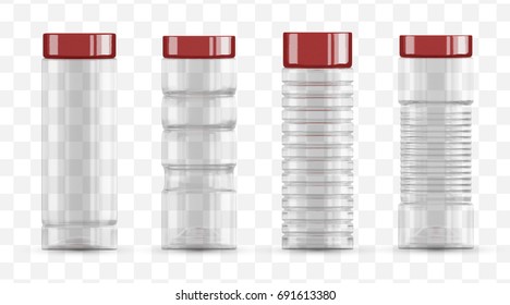 Vector Set Empty Transparent Glass Jar Bottle For Water And Juice. Template Mockup. Plastic Bottle