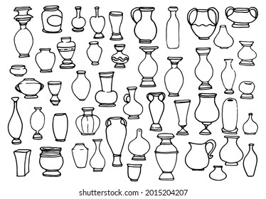 Vector set of empty vases. a collection of vases, jugs of various shapes, hand-drawn in doodle style, isolated black outline on a white background for a design template. interior elements for the hous