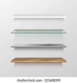 Vector Set of Empty Wood Glass Metal Plastic Shelf Shelves