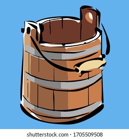 Vector set of empty wooden objects on a blue background. Bucket.
