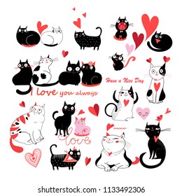 Vector set of enamored cats on white background. Template for business cards postcards web design.