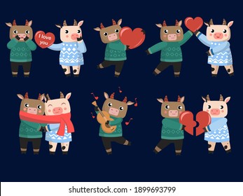 Conjunto vectorial de vaca y toro encantados. Día de San Valentín
