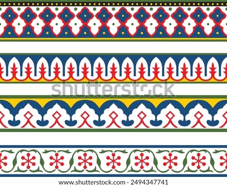 Vector set of endless colored national Persian ornaments. Seamless frame, border, ethnic pattern of the peoples of Iran, Iraq, Tajikistan
