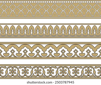 Vector set of endless gold with black national Persian ornaments. Seamless frame, border, ethnic pattern of the peoples of Iran, Iraq, Tajikistan
