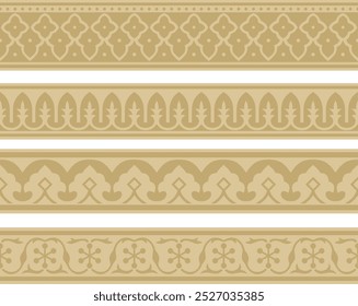 Vector set of endless gold national Persian ornaments. Seamless frame, border, ethnic pattern of the peoples of Iran, Iraq, Tajikistan
