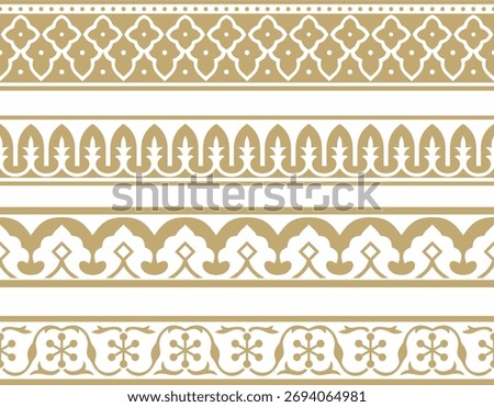 Vector set of endless gold national Persian ornaments. Seamless frame, border, ethnic pattern of the peoples of Iran, Iraq, Tajikistan
