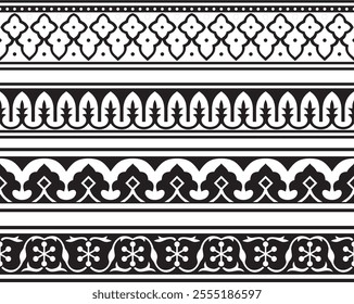 Vector set of endless monochrome black national Persian ornaments. Seamless frame, border, ethnic pattern of the peoples of Iran, Iraq, Tajikistan
