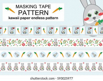 Vector set of endless, seamless border patterns. Template for washi tape (means paper tape), masking tape, sticky ribbon, dividers, pattern board. Kawaii anime rabbit illustrations, flat style 