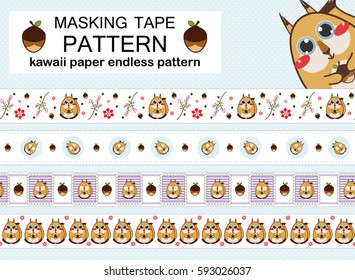 Vector set of endless, seamless border patterns. Template for washi tape (means paper tape), masking tape, sticky ribbon, dividers, pattern board. Kawaii anime squirrel illustrations, flat style 