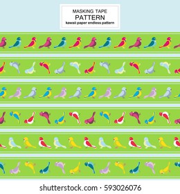 Vector set of endless, seamless border patterns. Template for washi tape (means paper tape), masking tape, sticky ribbon, dividers, pattern board. Cute cartoon birds, flat style 