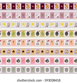 Vector set of endless, seamless border patterns. Template for washi tape (means paper tape), masking tape, sticky ribbon, dividers, pattern board. Kawaii anime animals in frames, flat style 