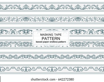 Vector set of endless, seamless border patterns. Template for washi tape (means paper tape), masking tape, sticky ribbon, dividers, pattern board. Vintage ornate style, wave lines