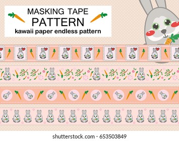 Vector set of endless, seamless border patterns. Template for washi tape (means paper tape), masking tape, sticky ribbon, dividers, pattern board. Kawaii anime rabbit illustrations, flat style