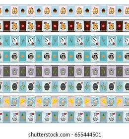 Vector set of endless, seamless border patterns. Template for washi tape (means paper tape), masking tape, sticky ribbon, dividers, pattern board. Kawaii anime animals in frames, flat style