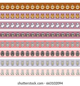 Vector set of endless, seamless border patterns. Template for washi tape (means paper tape), masking tape, sticky ribbon, dividers, pattern board. Kawaii anime animals with flowers, flat style