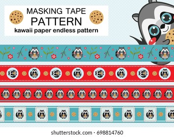 Vector set of endless, seamless border patterns. Template for washi tape (means paper tape), masking tape, sticky ribbon, dividers, pattern board. Kawaii anime raccoon illustrations, flat style
