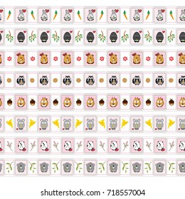 Vector set of endless, seamless border patterns. Template for washi tape (means paper tape), masking tape, sticky ribbon, dividers, pattern board. Kawaii anime animals in frames, flat style