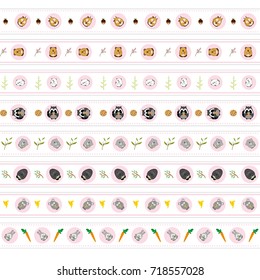 Vector set of endless, seamless border patterns. Template for washi tape (means paper tape), masking tape, sticky ribbon, dividers, pattern board. Kawaii anime animals in circles, flat style