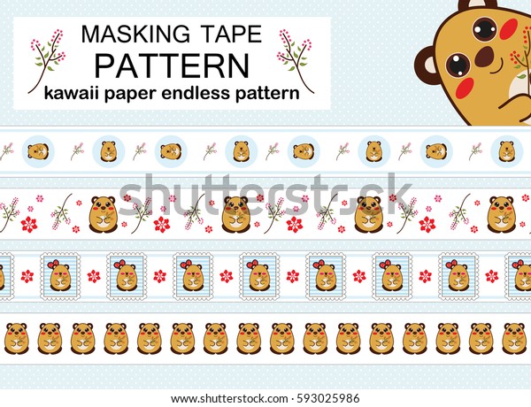 Vector set of endless, seamless border patterns.\
Template for washi tape (means paper tape), masking tape, sticky\
ribbon, dividers, pattern board. Kawaii anime smiling bear\
illustrations, flat style\

