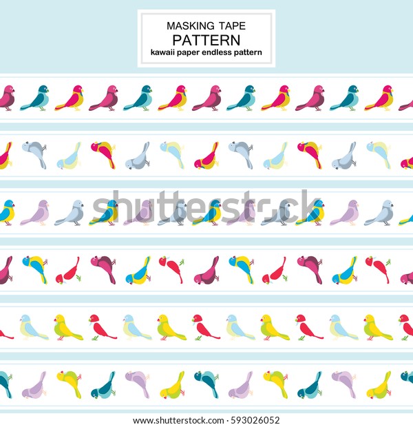 Vector set of\
endless, seamless border patterns. Template for washi tape (means\
paper tape), masking tape, sticky ribbon, dividers, pattern board.\
Cute cartoon birds, flat style\
