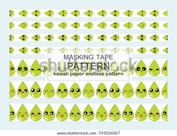 Vector set of endless, seamless border patterns.
Template for washi tape (means paper tape), masking tape, sticky
ribbon, dividers. Kawaii green drops. Funny, cute, sweet emotion
smiles, flat style 