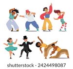 Vector Set of Energetic Kids Twirl And Groove To Lively Beats. Boys and Girls Create Kaleidoscope Of Joy, Expressing Enthusiasm Through Carefree Movements of Hip-hop, Disco, Jazz, Swing and Arab Dance
