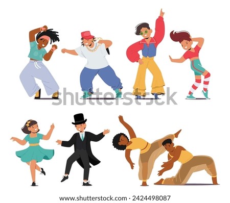 Vector Set of Energetic Kids Twirl And Groove To Lively Beats. Boys and Girls Create Kaleidoscope Of Joy, Expressing Enthusiasm Through Carefree Movements of Hip-hop, Disco, Jazz, Swing and Arab Dance