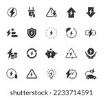 Vector set of energy flat icons. Contains icons electricity, voltage, charging, electric power, overload, energy reduction, electric vehicle charging, energy security and more. Pixel perfect.