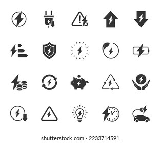 Vector set of energy flat icons. Contains icons electricity, voltage, charging, electric power, overload, energy reduction, electric vehicle charging, energy security and more. Pixel perfect.