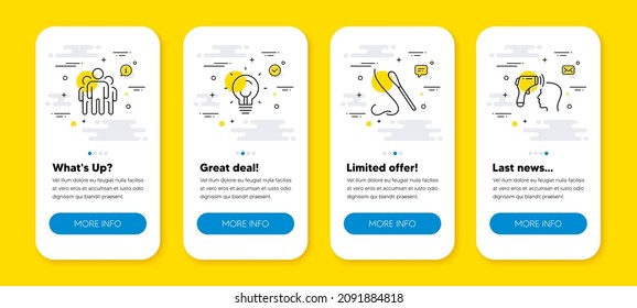 Vector set of Energy, Group and Nasal test line icons set. UI phone app screens with line icons. Electronic thermometer icon. Lightbulb, Managers, Covid testing. Temperature scan. Vector