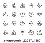 Vector set of energy line icons. Contains icons electricity, voltage, charging, electric power, overload, energy reduction, electric vehicle charging, energy security and more. Pixel perfect.