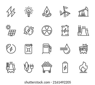 Vector set of energy line icons. Contains icons hydroelectricity, solar panel, renewable energy, fossil fuels, coal, geothermal energy, biomass and more. Pixel perfect.