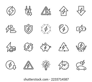 Vektorset von Energielinien-Symbolen. Enthält Symbole wie Strom, Spannung, Ladung, elektrische Energie, Überlast, Energieeinsparung, Ladung von Elektrofahrzeugen, Energiesicherheit und mehr. Pixel perfekt.